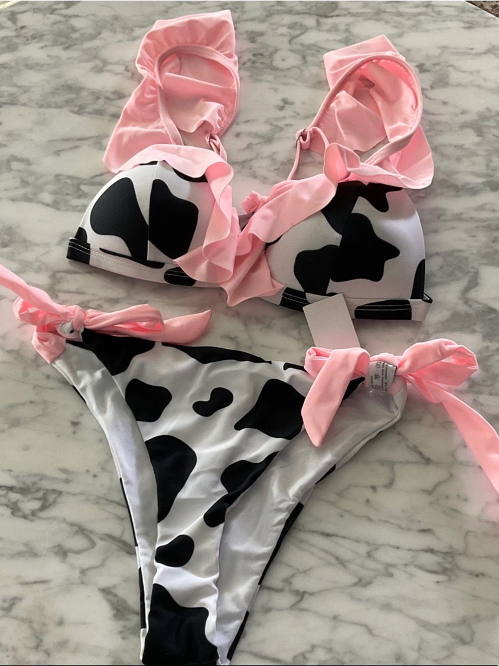 Pink Trim Cowprint Tie-Side Bikini Set